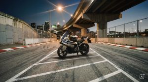 BMW F 450 RR 2027 – M Sport in Snaefell Weiß / M Motorsport auf markierter Asphaltfläche unter einer Hochstraße vor Stadtkulisse (KI-generiertes BMW-Pressebild)