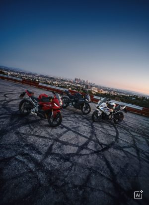 BMW F 450 RR 2027 – alle drei Farbvarianten auf einem Aussichtsplatz mit Reifenspuren über der Stadt (KI-generiertes BMW-Pressebild)