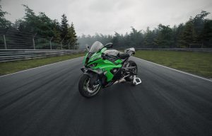 BMW M 1000 RR Edition 100 Jahre Nürburgring 2027 – Dreiviertelansicht von vorn links mit Vollverkleidung in Nürburgring Grün