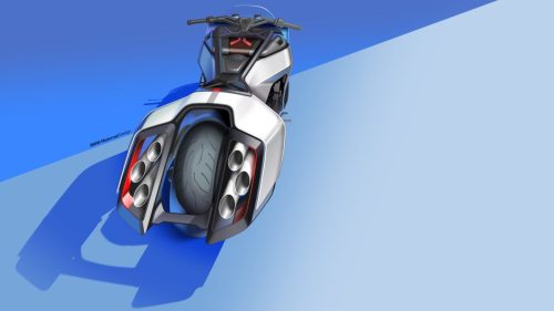 BMW Motorrad Vision K18 – Designskizze Heckansicht mit sechs Endrohren in Carbon-Einfassung und LED-Rückleuchten