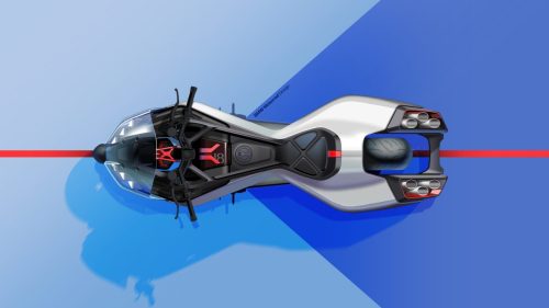 BMW Motorrad Vision K18 – Designskizze Draufsicht mit flacher Rückenlinie und roter Akzentlinie
