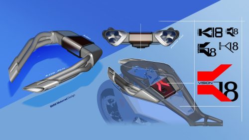 BMW Motorrad Vision K18 – Designstudie mit Detailansichten von Heckpartie, Auspuffanlage und Vision K18 Logo-Entwürfen