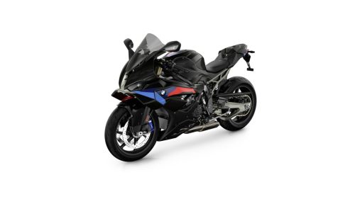 BMW S 1000 RR 2027 Edition M Sport in Blackstorm metallic mit M Motorsport Grafik – Dreiviertel-Frontansicht im Studio