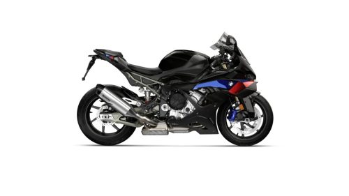 BMW S 1000 RR 2027 Edition M Sport in Blackstorm metallic – Seitenansicht rechts mit Titan-Endschalldämpfer