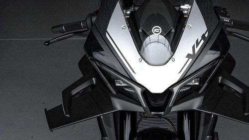 CFMoto V4SR-RR Prototyp Detailansicht der Frontverkleidung mit weit ausgeklappten aktiven Aero-Winglets beidseitig des Scheinwerfers, Studioaufnahme