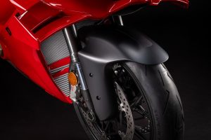 Ducati Panigale V4 2027 – Vorderrad mit Brembo-Monoblock-Bremssattel, 330-mm-Bremsscheiben und Kühlergitter
