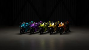 Ducati Panigale V4 2027 – Lamborghini-Ad-Personam-Farben in Türkis, Violett, Gelbgrün, Gelb und Orange im dunklen Studio