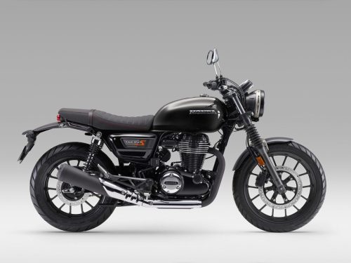 Honda GB 350 S 2025 in Schwarz – Seitenansicht im Studio mit sichtbarem GB350S-Schriftzug am Tank