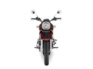 Honda CB350C Special Edition 2026 – Frontansicht in Rebel Red Metallic mit rundem Scheinwerfer und breitem Lenker