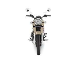 Honda CB350C Special Edition 2026 – Frontansicht in Mat Dune Brown mit rundem Scheinwerfer und Chromspiegeln