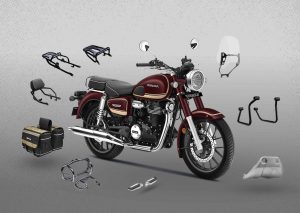Honda CB350C Special Edition 2026 – rotes Modell mit Originalzubehör wie Gepäckträger, Satteltasche, Windschild und Sturzbügel
