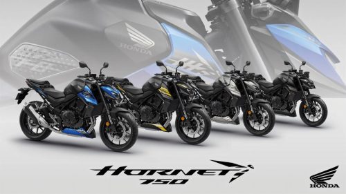 Vier Honda CB750 Hornet 2027 nebeneinander in Blau, Schwarz mit gelben Dekorstreifen, Silber und Schwarz vor grauem Hintergrund mit Hornet-750-Schriftzug