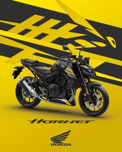 Honda CB750 Hornet 2027 in Schwarz mit gelben Dekorstreifen an Tank und Bugspoiler, Seitenansicht von schräg vorn vor gelbem Grafikhintergrund mit Hornet-Schriftzug