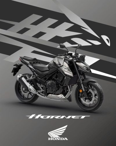 Honda CB750 Hornet 2027 in Mat Beta Silver Metallic mit grauen Anbauteilen, Seitenansicht von schräg vorn vor grauem Grafikhintergrund mit Hornet-Schriftzug