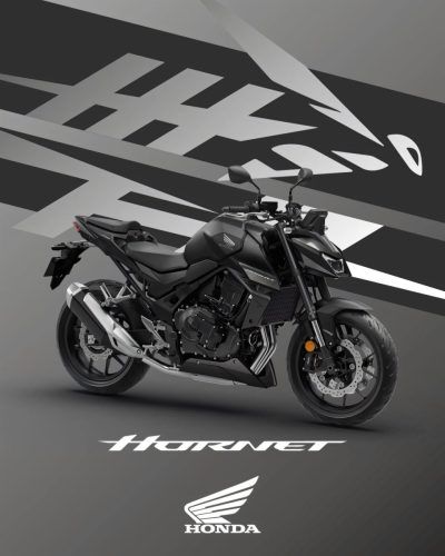 Honda CB750 Hornet 2027 komplett in Schwarz, Seitenansicht von schräg vorn vor grauem Grafikhintergrund mit Hornet-Schriftzug