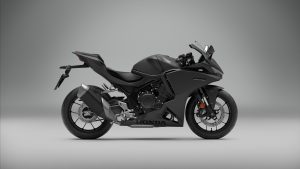Honda CBR500R FOUR 2027 in Mat Ballistic Black Metallic – Studioaufnahme, Seitenansicht von rechts