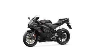 Honda CBR600RR 2027 in Matt Ballistic Black Metallic – Studioaufnahme, Dreiviertelansicht von vorne links