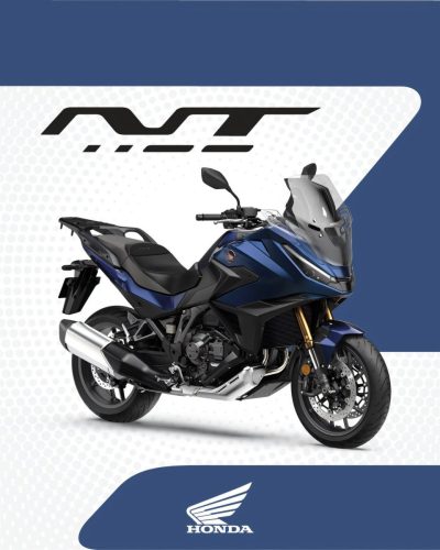 Honda NT1100 2027 in Pearl Hawkseye Blue – Hochformat mit NT-Schriftzug, Dreiviertelansicht von vorne