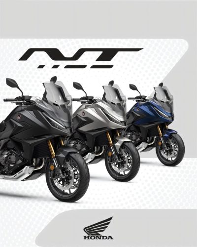 Honda NT1100 2027 in Schwarz, Silber und Blau hintereinander aufgereiht – Hochformat mit NT-Schriftzug