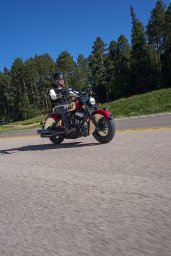 Hochformatige Fahraufnahme auf einer Straße im Nadelwald der Black Hills, Motorrad in leichter Schräglage