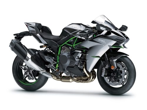 Kawasaki Ninja H2 2027 – Seitenansicht rechts in Schwarz-Silber mit grünem Gitterrohrrahmen vor weißem Hintergrund