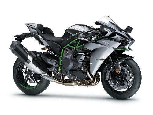 Kawasaki Ninja H2 2027 – Studioaufnahme der Seitenansicht rechts mit Brembo-Bremsen, Kompressor-Motor und grünem Gitterrohrrahmen