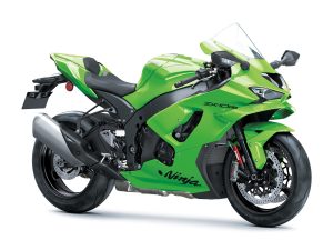 Kawasaki Ninja ZX-10RR 2027 – Seitenansicht schräg von vorne rechts in Lime Green mit Einzelsitz vor weißem Hintergrund