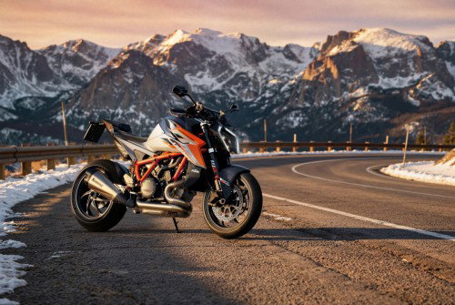 KTM 1390 Super Duke RR 2026 – Seitenansicht rechts am Straßenrand vor Bergpanorama im Abendlicht
