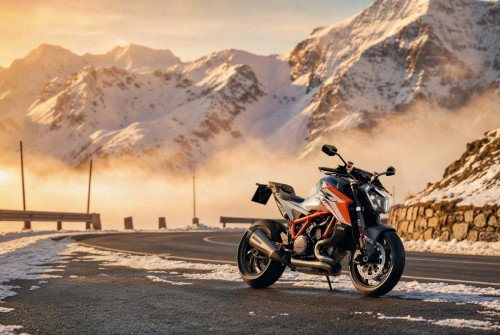 KTM 1390 Super Duke RR 2026 – Frontansicht auf Passstraße im warmen Morgenlicht mit Bergpanorama