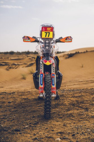KTM 450 Rally Luciano Benavides Factory Edition 2027 – Seitenansicht in Red Bull Racing Lackierung in Wuestenkulisse