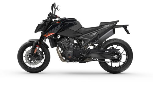KTM 790 Duke 2027 in Schwarz – Studio-Ansicht von rechts vorne vor weißem Hintergrund