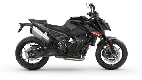 KTM 790 Duke 2027 in Schwarz – Studio-Seitenansicht von rechts vor weißem Hintergrund
