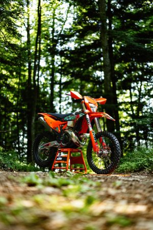 KTM 300 EXC 6DAYS 2027 – Zweitakt-Enduro seitlich auf einem Waldweg im Grünen