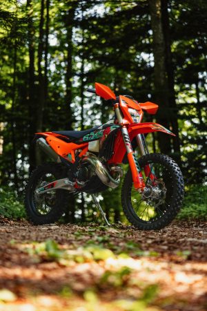 KTM 300 EXC 6DAYS 2027 – Enduro im Gegenlicht auf einem Waldweg zwischen Nadelbäumen