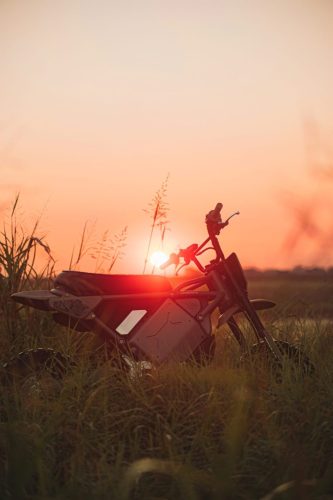 LiveWire S4 Honcho Trail 2026 in Weiß – Silhouette des im hohen Gras abgestellten Minibikes gegen den Sonnenuntergang, Seitenansicht