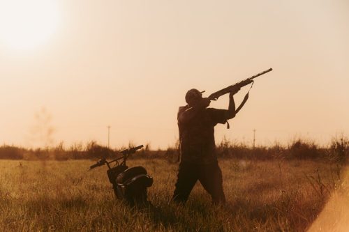 LiveWire S4 Honcho Trail 2026 – Silhouette eines Jägers, der neben dem abgestellten Minibike ein Gewehr anlegt, Feld bei Sonnenuntergang
