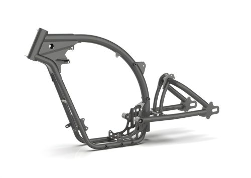 Mac Motorcycles Rex Ruby 2026 – CAD-Rendering des Stahlrohr-Backbone-Rahmens mit Unterzug und triangulierter Schwinge auf weißem Hintergrund