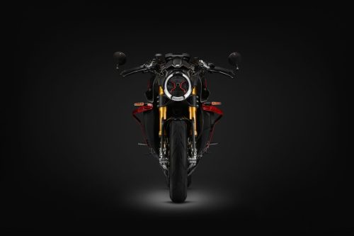 MV Agusta Brutale 1000 ABT 2026 – Frontansicht in Nero Carbonio Metallizzato/Rosso Fuoco im Studio, runder LED-Scheinwerfer, Öhlins-Gabelholme in Gold, rote Kühlerverkleidung