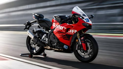 QJMotor SRK 800 RC 2026 – 3/4-Frontansicht auf Rennstrecke am Paddockständer, rote Rennlackierung mit QJMotor-Always-Forward-Schriftzug, goldene Marzocchi-USD-Gabel und Brembo-Bremsen