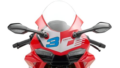 QJMotor SRK 800 RC 2026 – Frontansicht Detailaufnahme, aerodynamische Verkleidung mit LED-Scheinwerfern, Windschutzscheibe und blauem QJMotor-Logo mit Startnummer 3