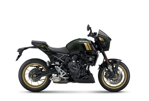 Suzuki GSX-8TT in Dunkelgrün mit goldenen Felgen, Studio-Seitenansicht auf weißem Hintergrund