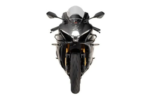 Suzuki GSX-R1000R Stealth – Frontansicht mit LED-Scheinwerfer, schwarzer Verkleidung und goldfarbener Upside-Down-Gabel