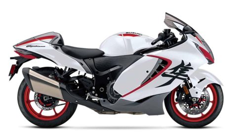 Suzuki Hayabusa 2027 Special Edition – Seitenansicht in Pearl Brilliant White/Metallic Oort Gray No.3 mit rot eloxierten Felgen und schwarzen Auspuff-Endkappen