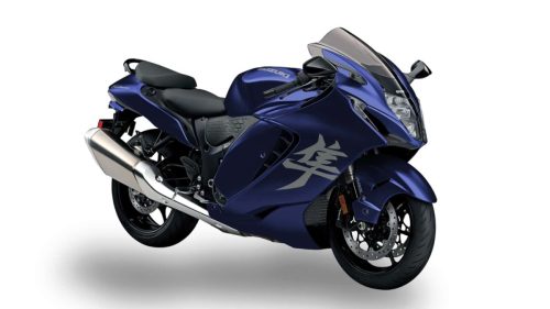 Suzuki Hayabusa 2027 – Dreiviertelansicht von vorn in Metallic Reflective Blue mit silbernem Hayabusa-Schriftzug