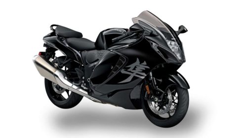 Suzuki Hayabusa 2027 – Dreiviertelansicht von vorn in Glass Sparkle Black mit dezentem Hayabusa-Schriftzug