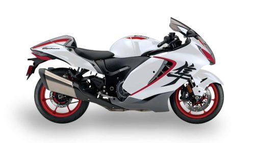 Suzuki Hayabusa 2027 Special Edition – Dreiviertelansicht von vorn in Pearl Brilliant White/Metallic Oort Gray No.3 mit roten Akzenten