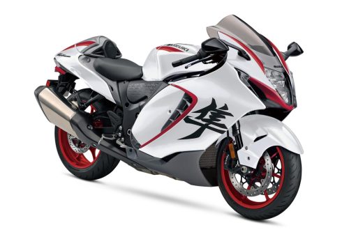 Suzuki Hayabusa 2027 Special Edition – offizielles CGI-Rendering in Dreiviertelansicht, Pearl Brilliant White/Metallic Oort Gray No.3 mit roten Felgen