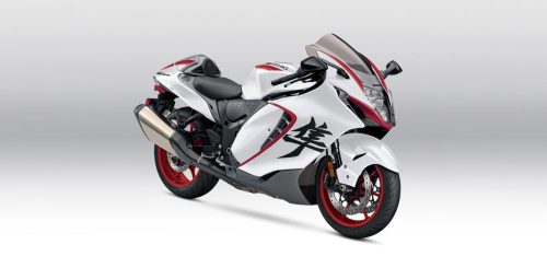 Suzuki Hayabusa 2027 Special Edition – offizielles Suzuki-Pressefoto in Dreiviertelansicht vor Studiohintergrund