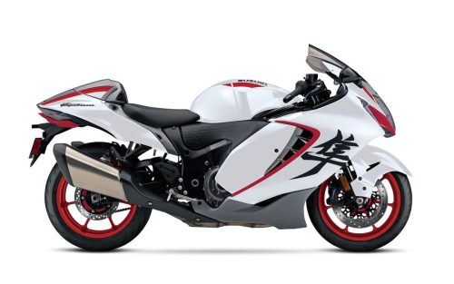 Suzuki Hayabusa 2027 Special Edition – offizielles CGI-Rendering in Seitenansicht mit rot eloxierten Felgen