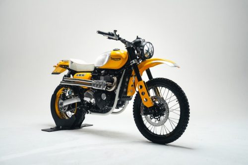 Triumph Scrambler 900 Custom-Umbau aus China – Enduro-Umbau in Gelb mit weißer Sitzbank, gebürstetem Tank und Doppelauspuff im Fotostudio